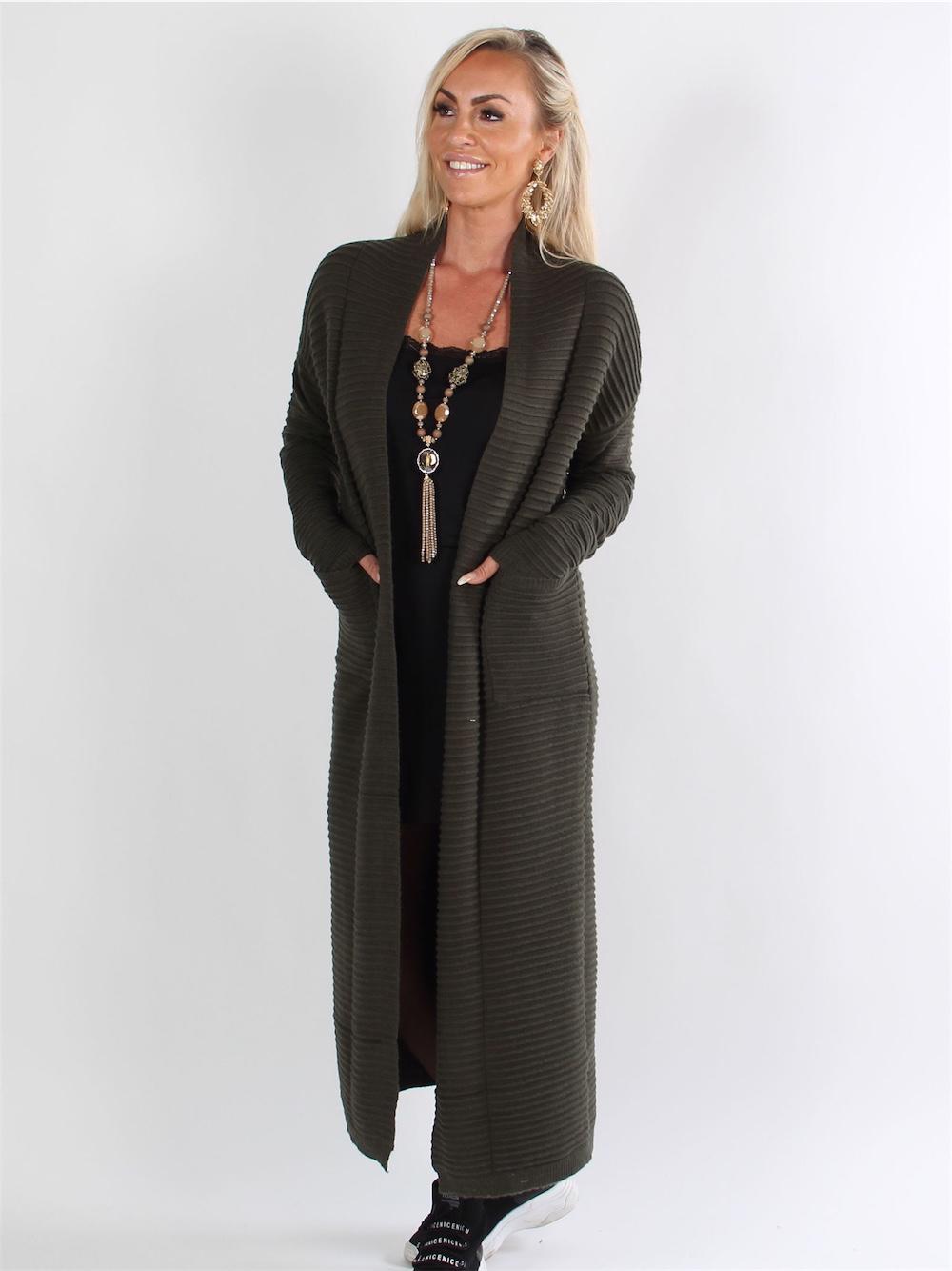 Torino - Armégrön lång kofta i mjukt tyg med ribb